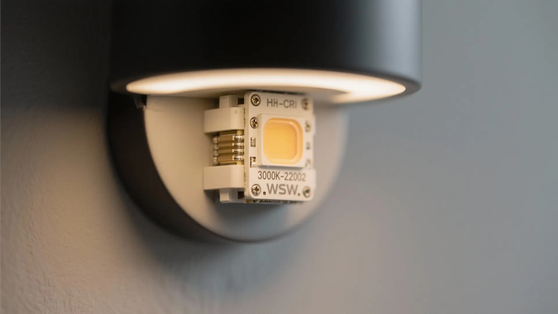 Close up of a warm yellow light chip inside a modern black wall light fixture