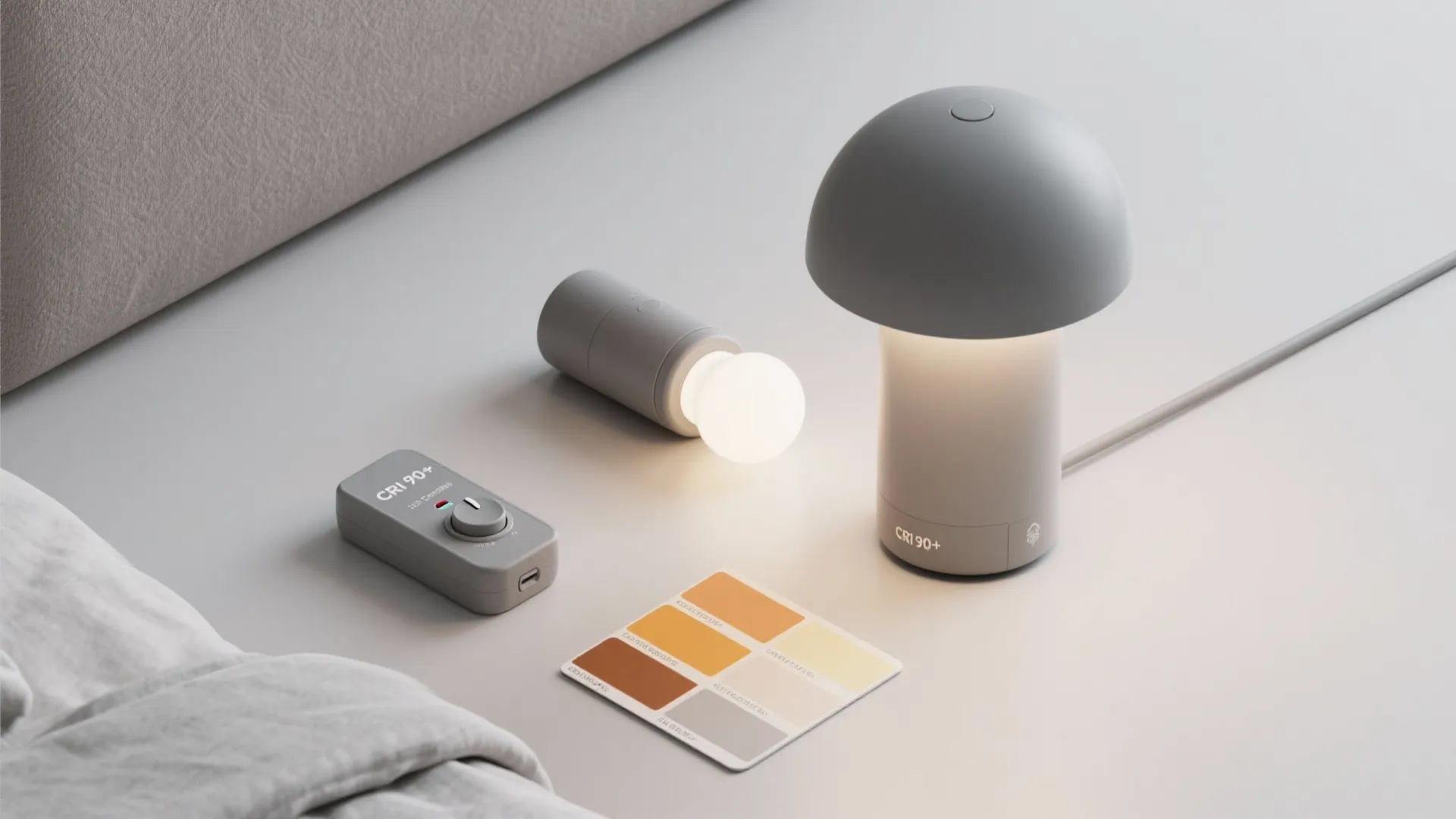 Flatlay of dimmable gray LED bedside lamp parts and color temperature swatches