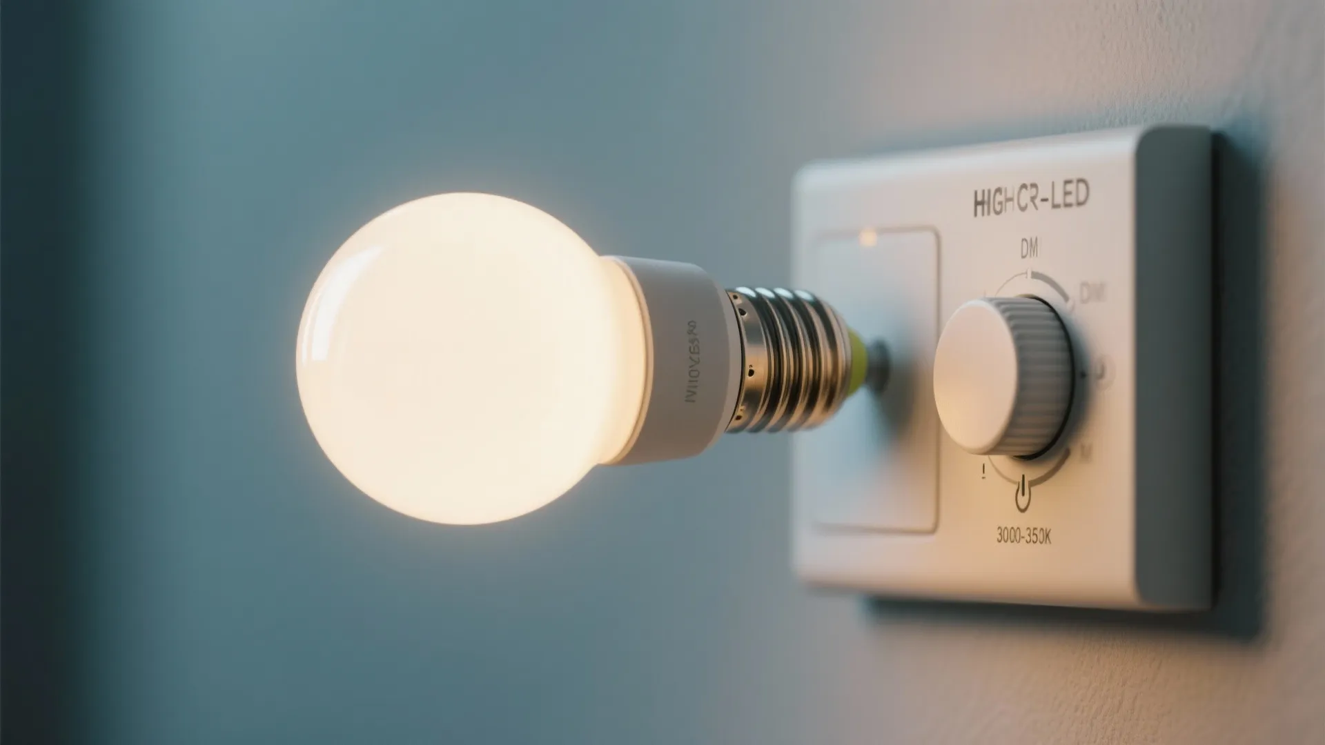 A glowing round light bulb connected to a white wall dimmer switch with a knob