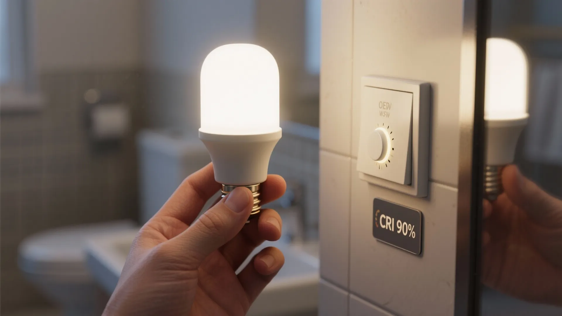 Hand holding a bright light bulb next to a wall dimmer switch in a bathroom
