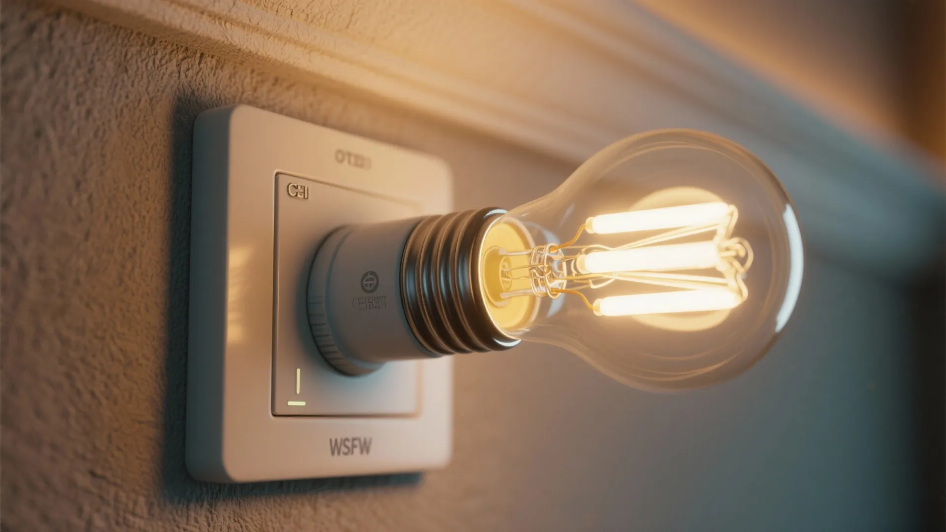 Close up view of a modern wall light switch with a glowing light bulb attached