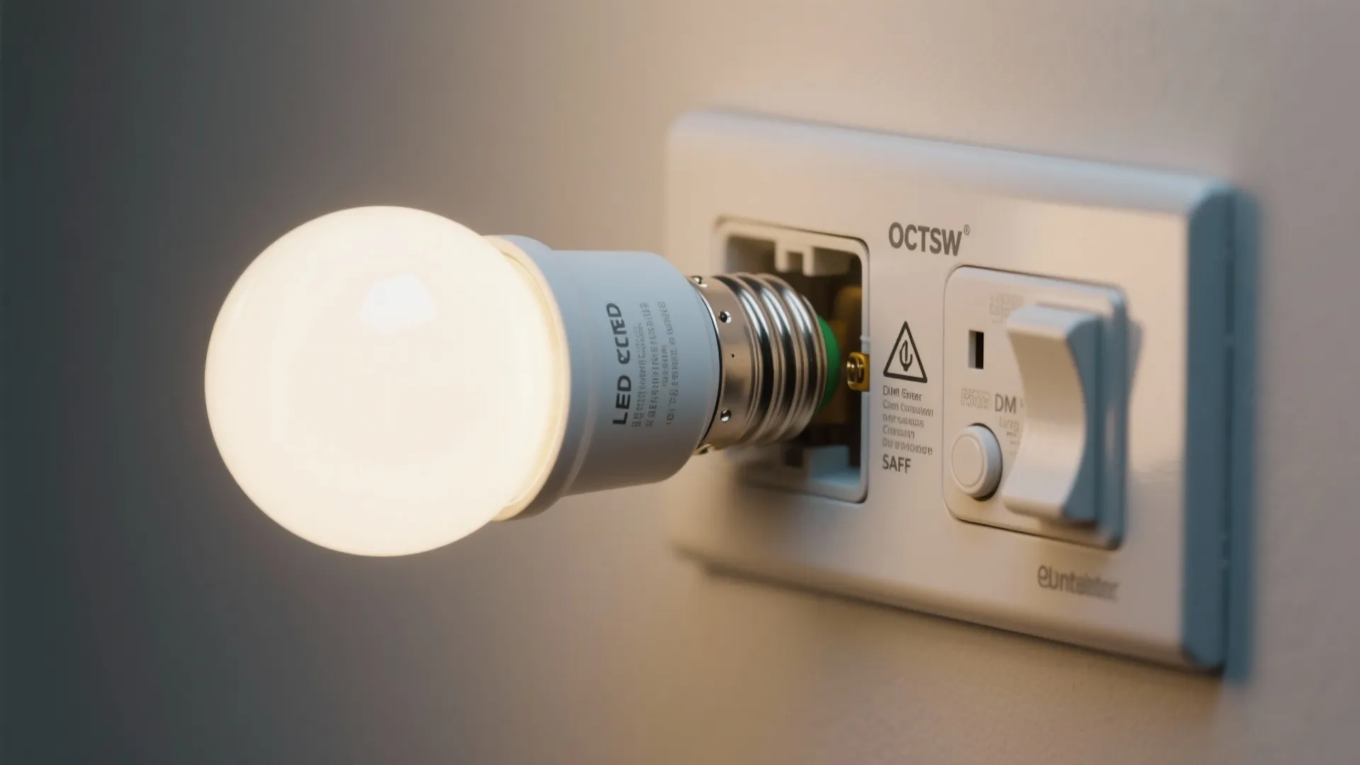 Close-up of an LED bulb and a dimmer-compatible plug-in lamp switch showing safe usage details.