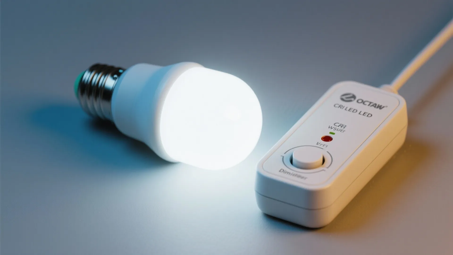 LED bulb and plug-in dimmer device close-up, showing high CRI LED