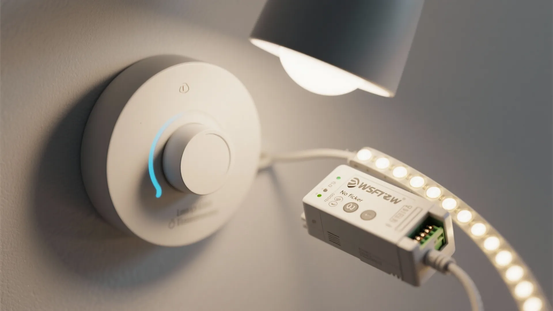 Close-up of a high-quality LED strip control module and dimmer, showing clear controls and solid build.
