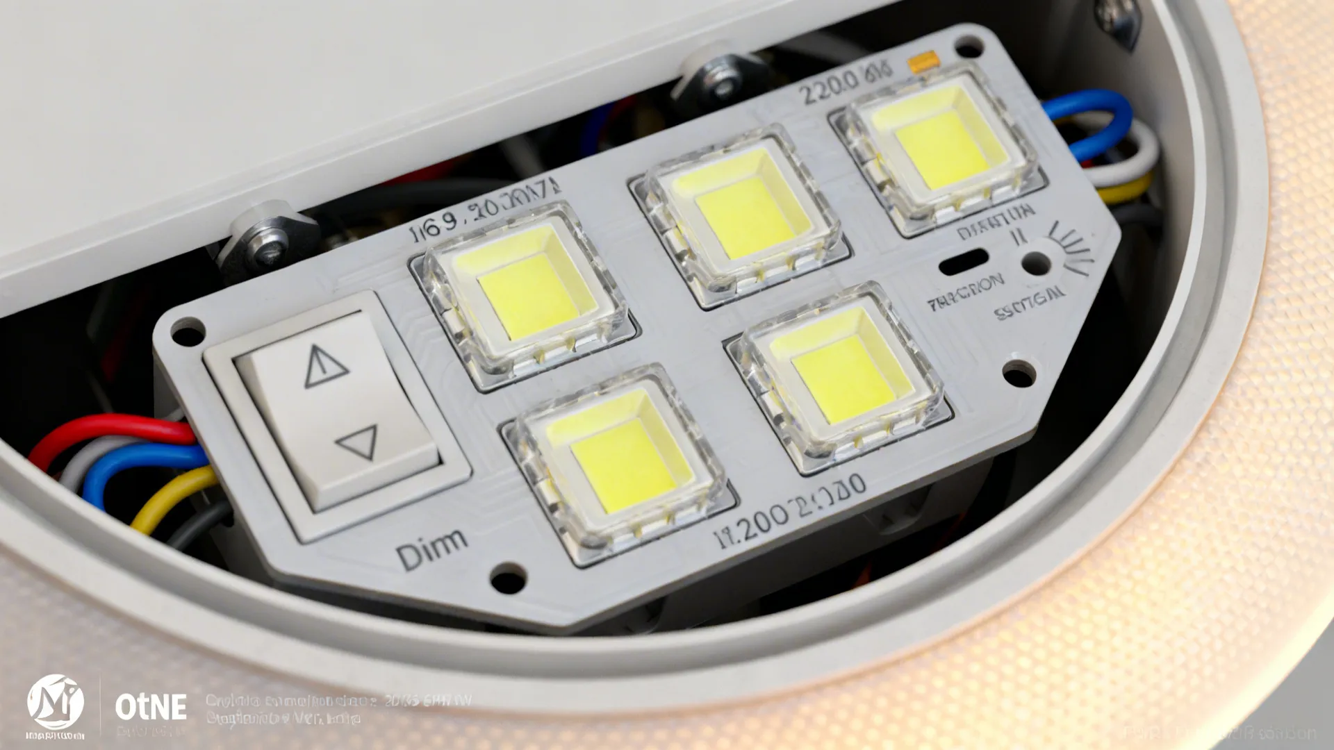 Macro view of high-CRI LED module and dimmer control detail for ceiling fixtures.