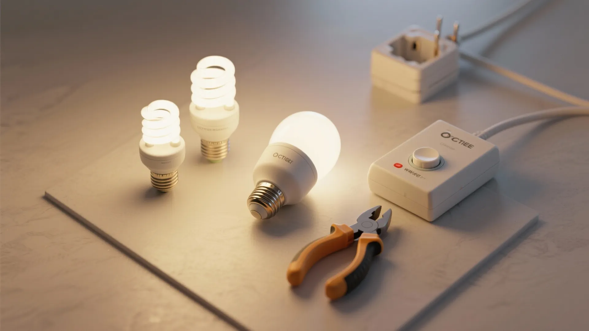 Flatlay of LED retrofit bulbs and a quality dimmer illustrating a budget starter kit for better lighting.
