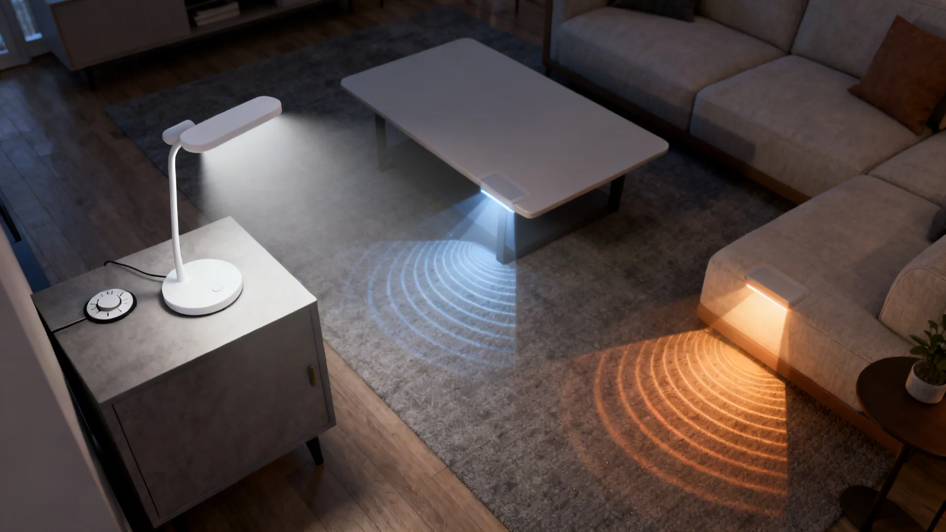 Top-down view of a compact white LED lamp with dimmer showing multiple light levels.