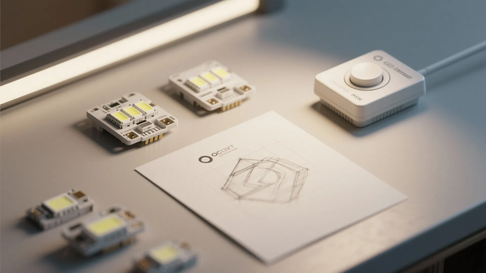 Smart light fixture dimmer switch shown with led light boards and interior design drawing plans