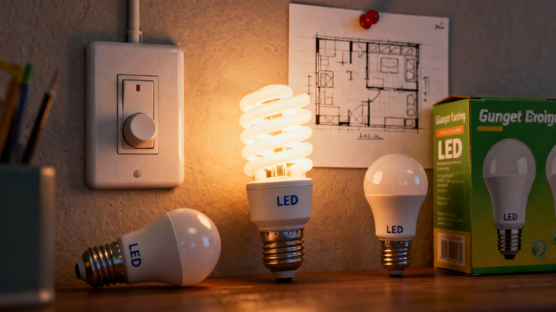LED bulbs, a dimmer switch, and a small room sketch illustrating budget and layering tips.