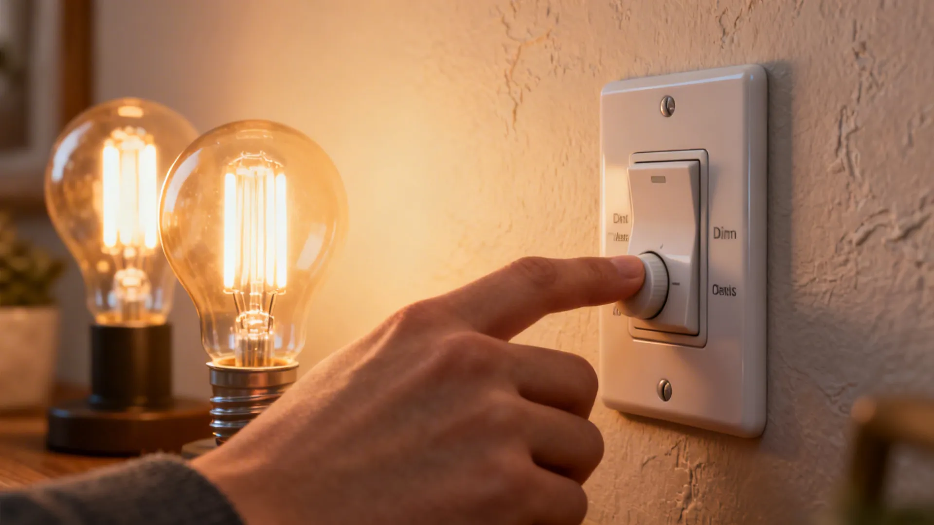 Warm LED bulbs next to a dimmer switch being adjusted for mood lighting.