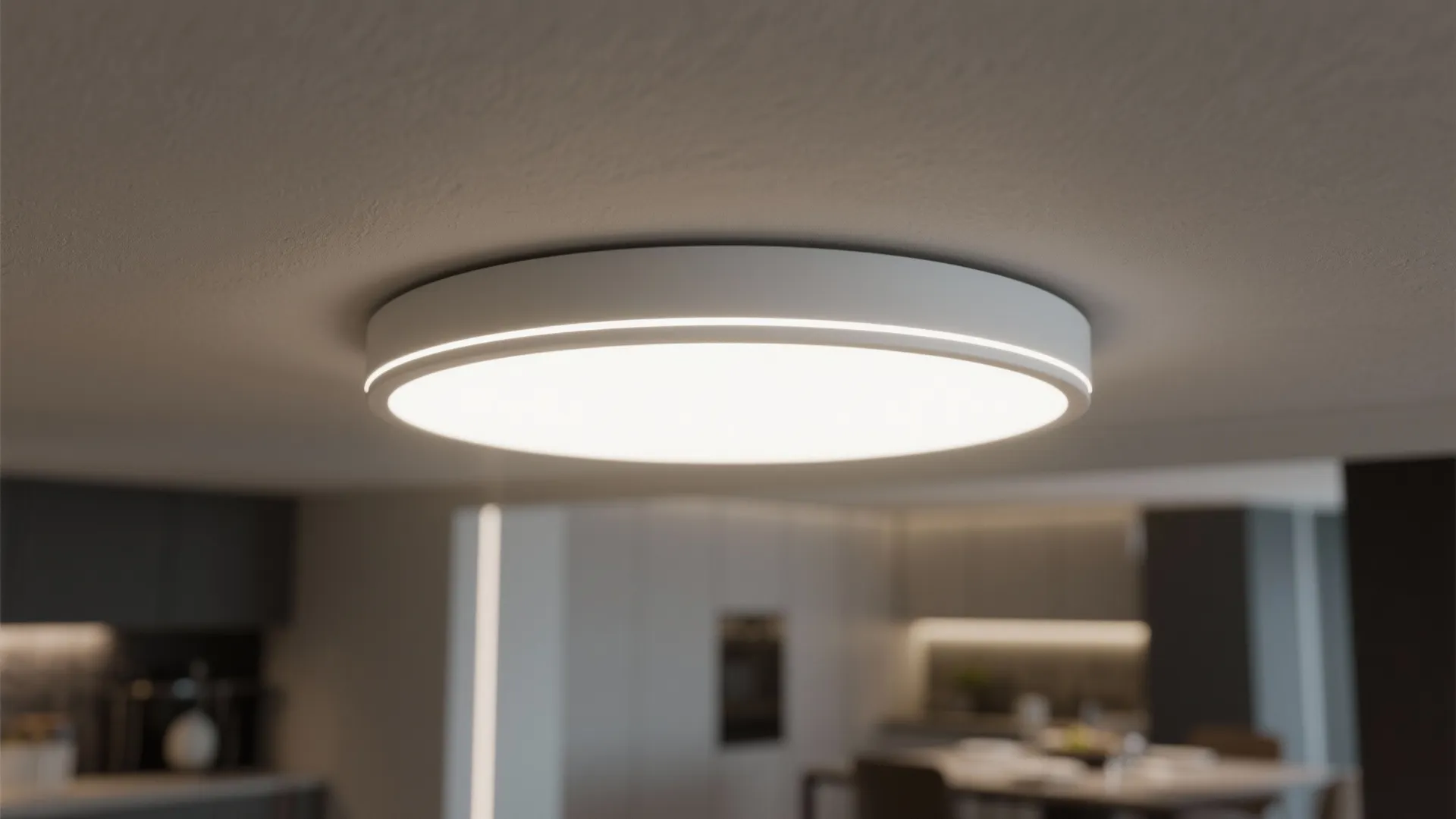 Modern round white ceiling light fixture mounted on a ceiling with blurred kitchen interior in background