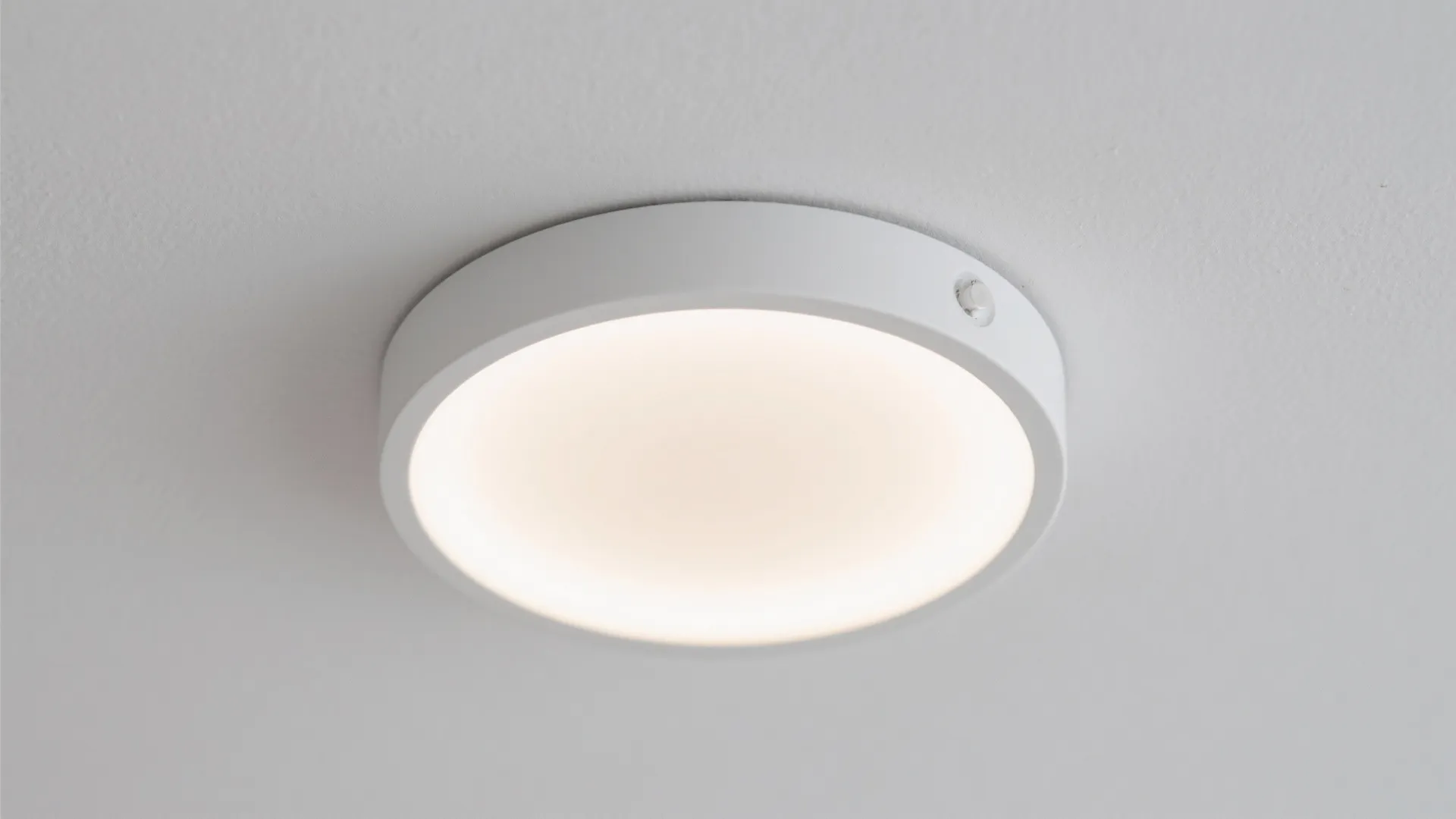 Macro detail of a slim flush-mount LED disc with frosted diffuser and matte trim.