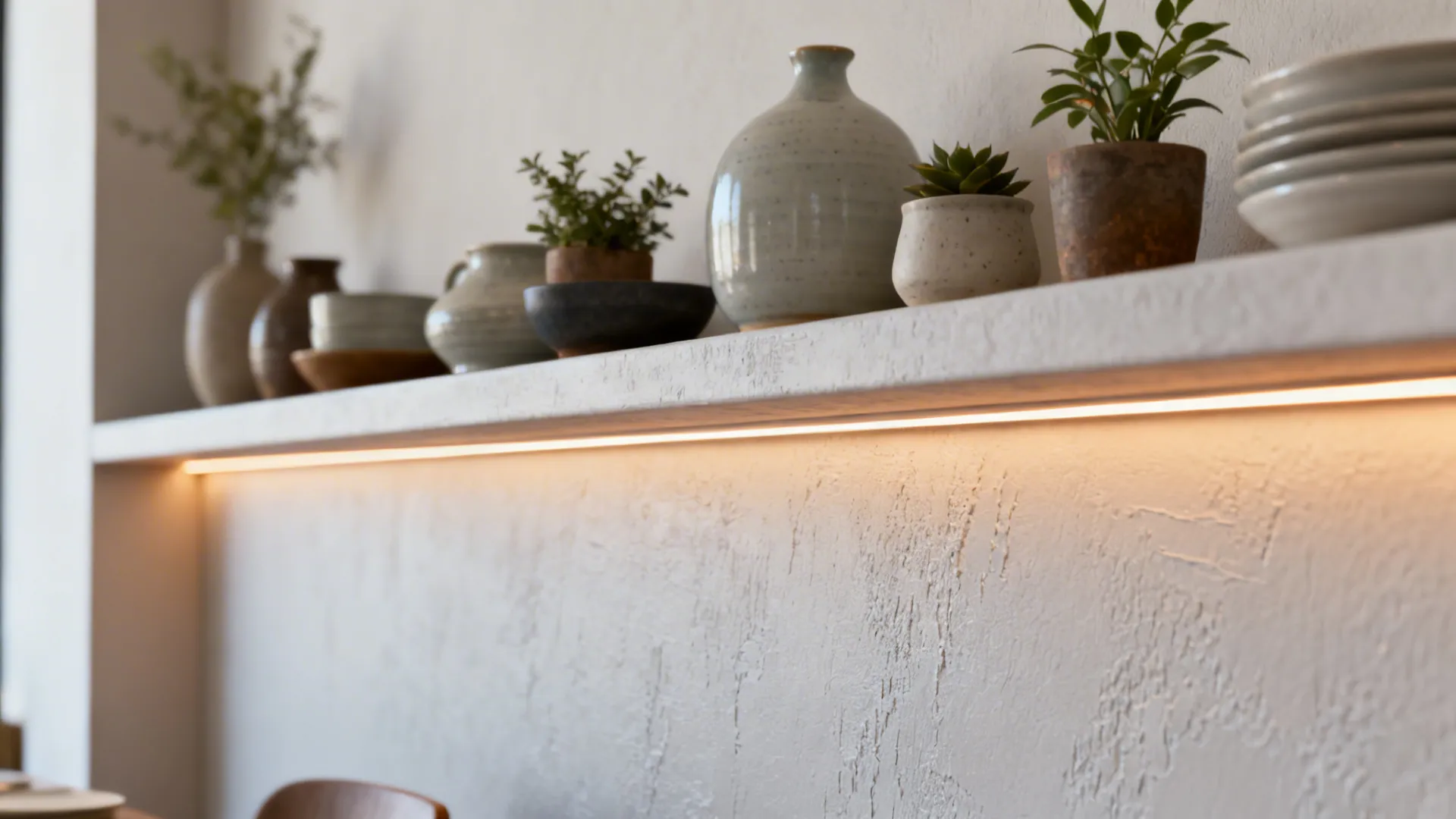 Shallow display ledge on a half wall with integrated LED strip lighting and curated decor.
