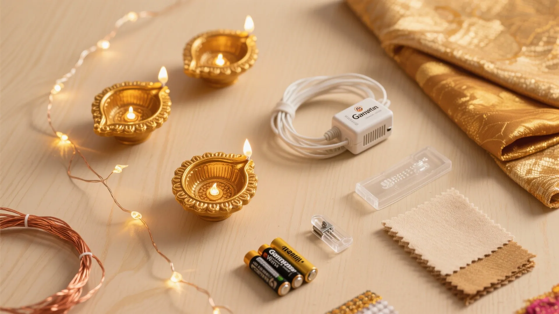 Lit golden oil lamps on wooden table with string lights batteries power adapter and pieces