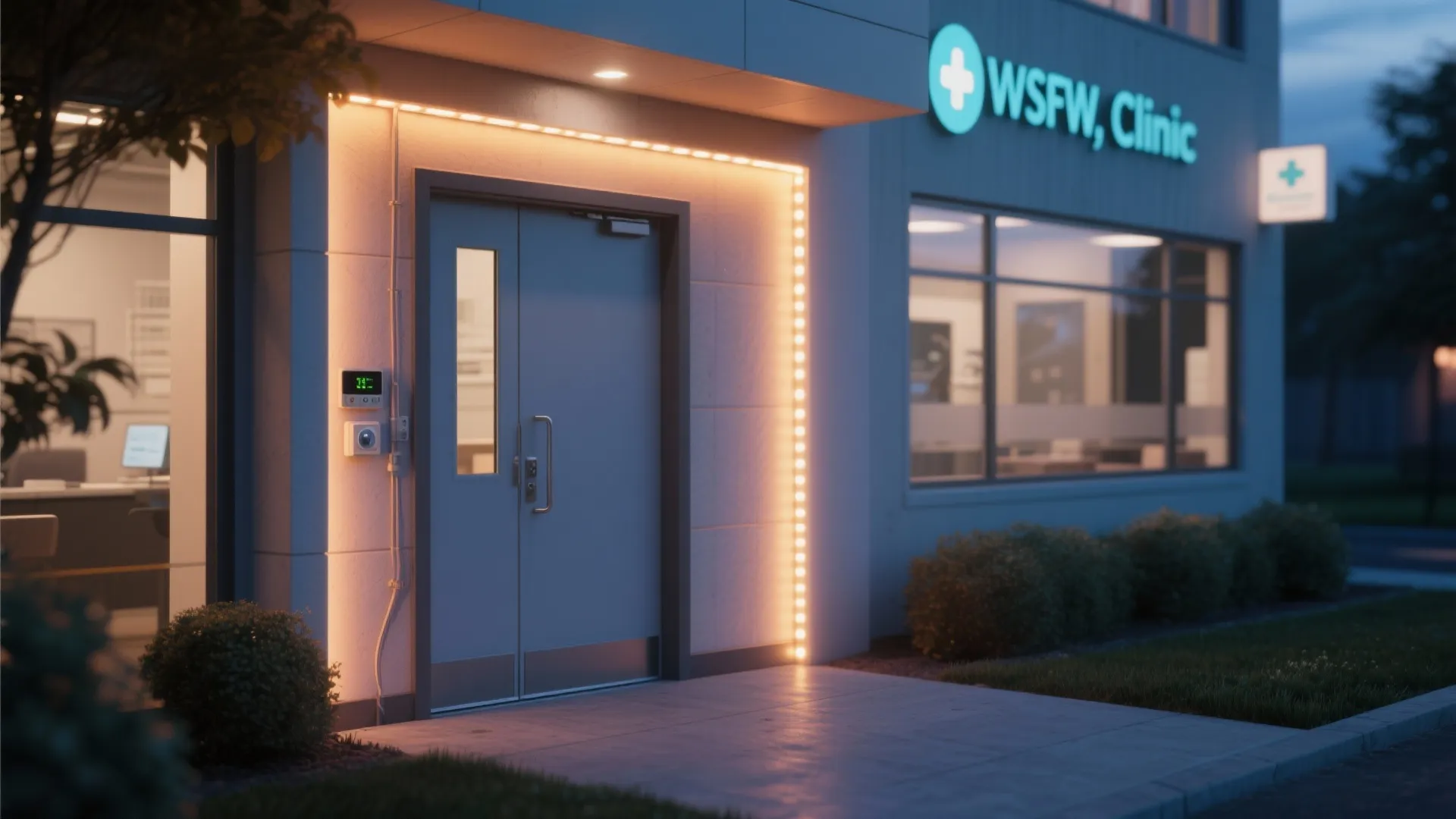 Clinic door outlined with warm low-glare LED trim and motion sensors, shown at dusk for orientation and welcome.