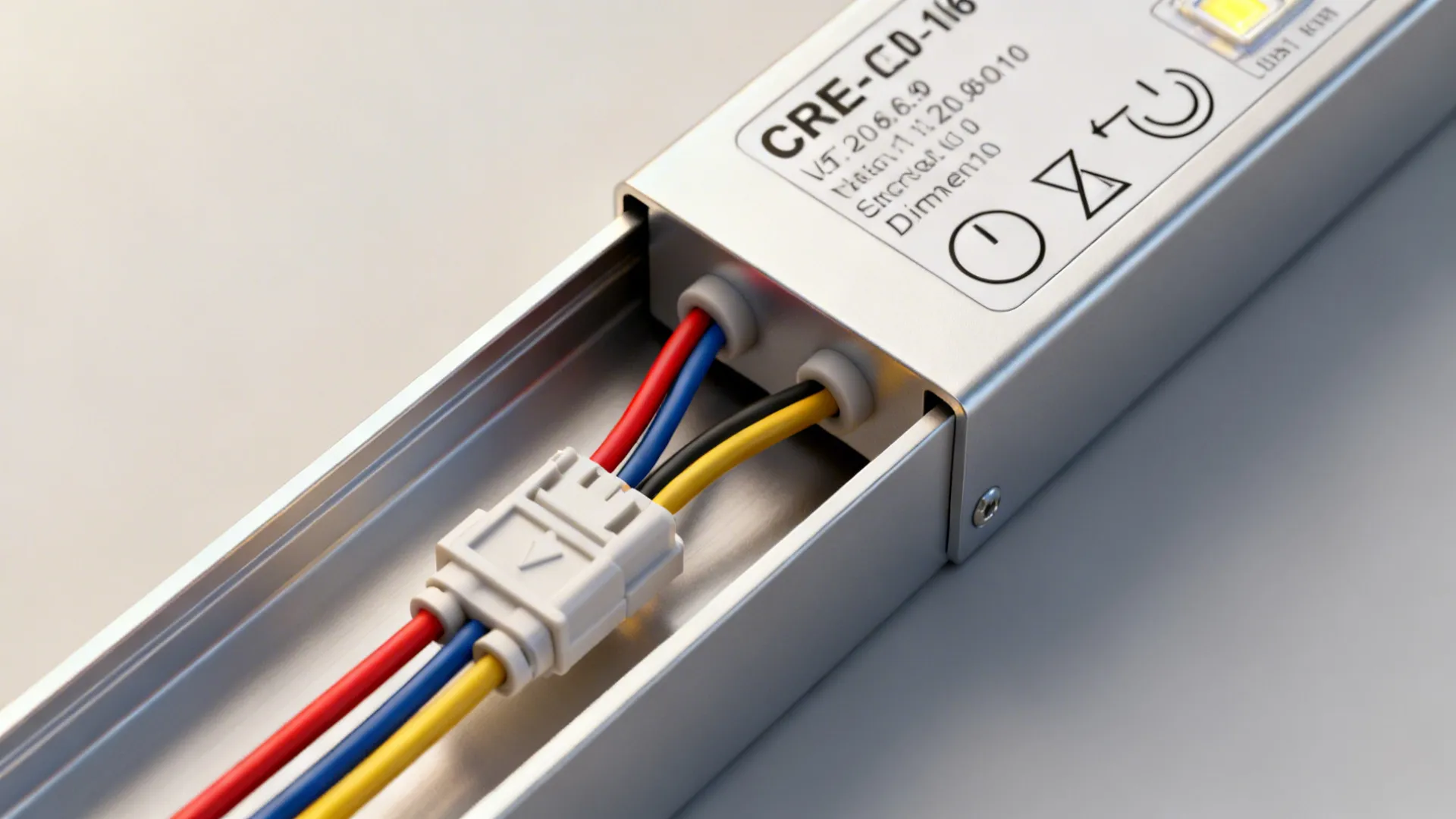High-CRI LED strip and driver neatly installed in an aluminum channel with labeled wiring
