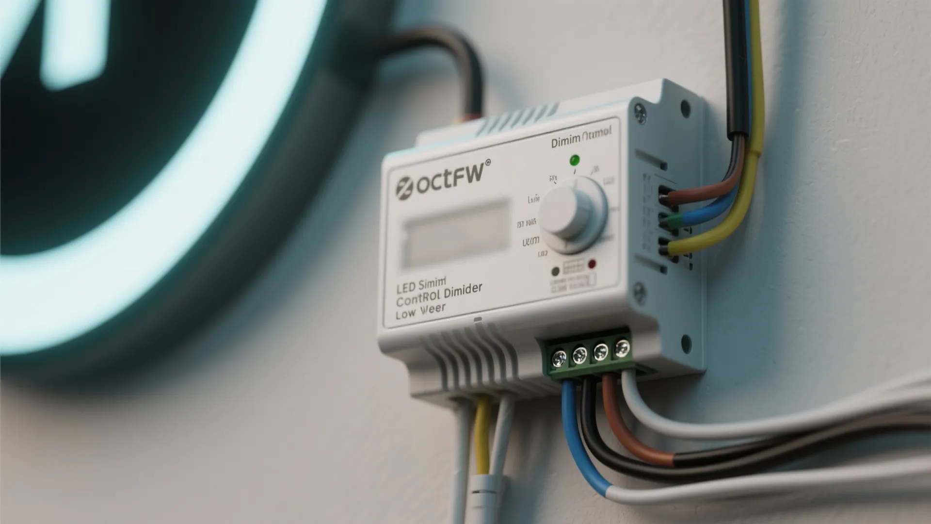 White electronic light fixture controller with a adjustment knob and colored wires on a wall