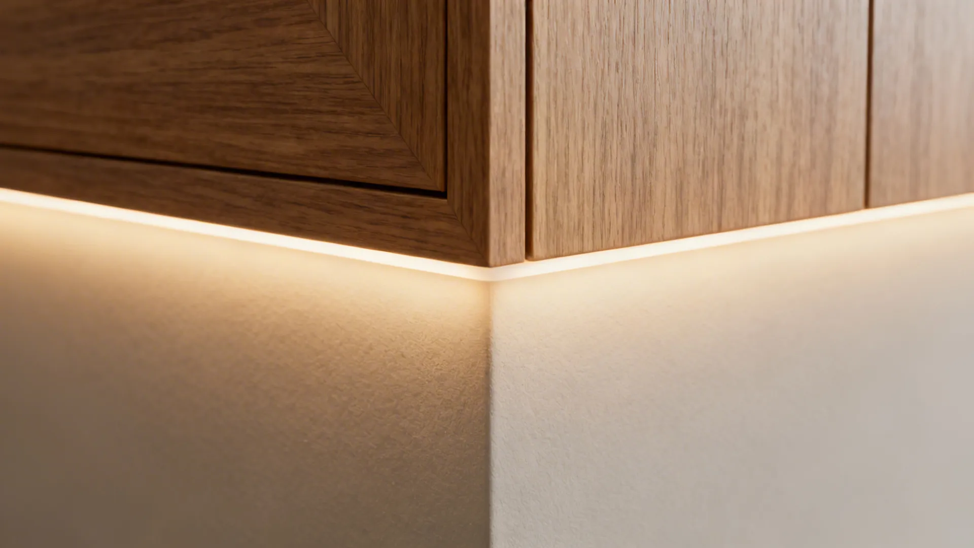 Close-up of panel edge with integrated warm LED strip and soft diffusion.