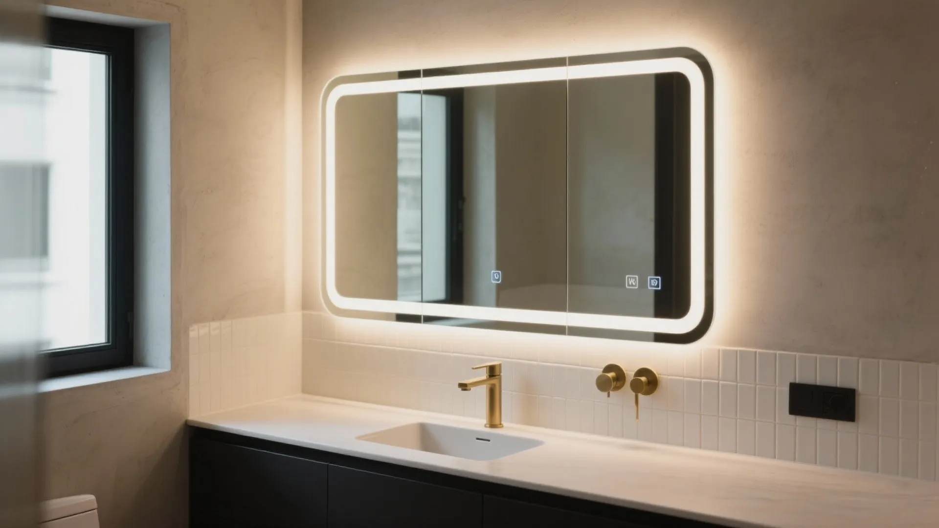 Modern bathroom with glowing LED mirror above white counter with gold faucet and black cabinet