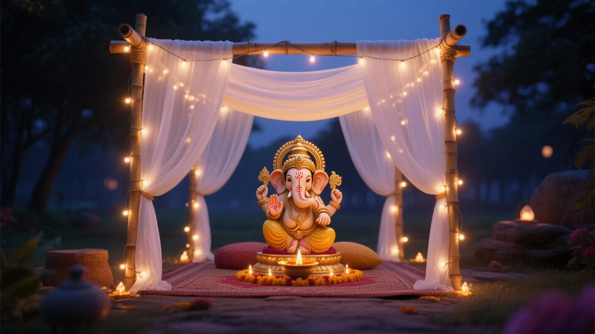 Ganesha statue placed under a bamboo structure with white curtains and warm fairy light strings