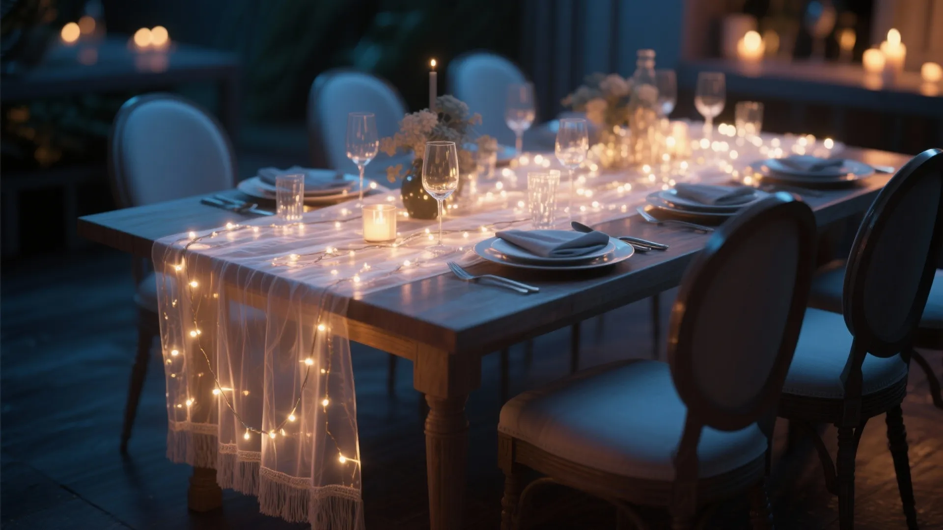 Elegant dining table set with white lace runner warm fairy lights wine glasses and candles