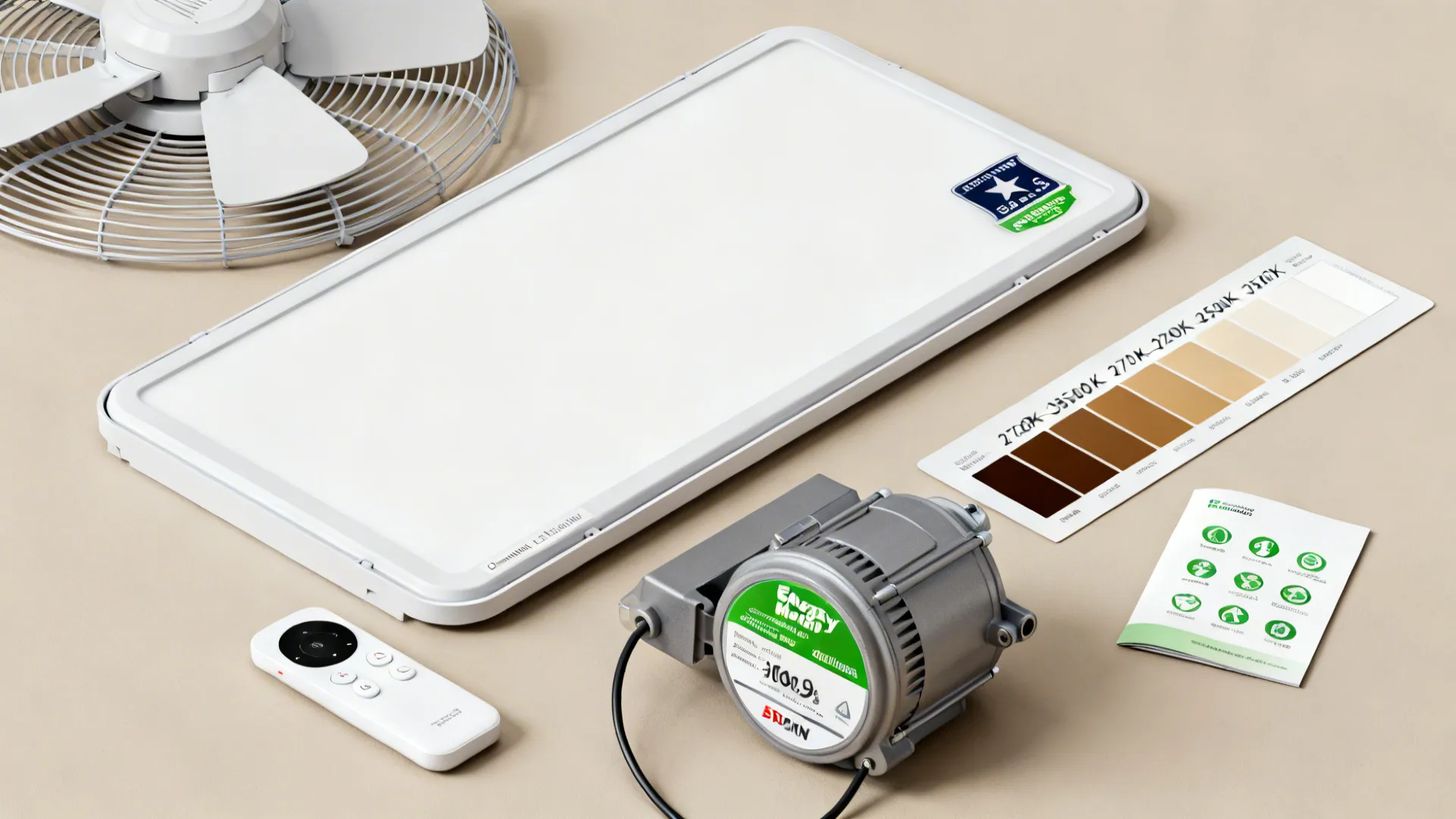 Flatlay of dimmable LED fan components, smart remote, and color temperature swatches illustrating energy-saving options.