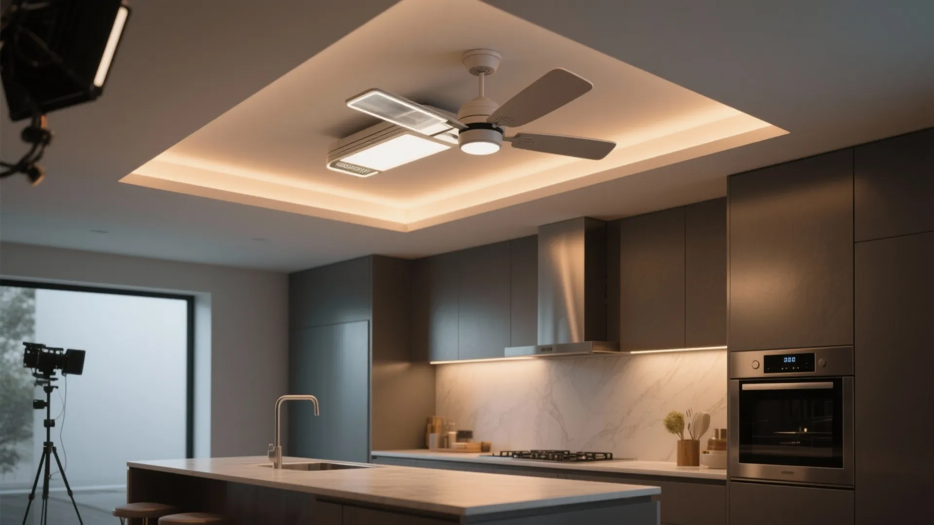Modern kitchen with a white ceiling fan and light fixture above a marble island table