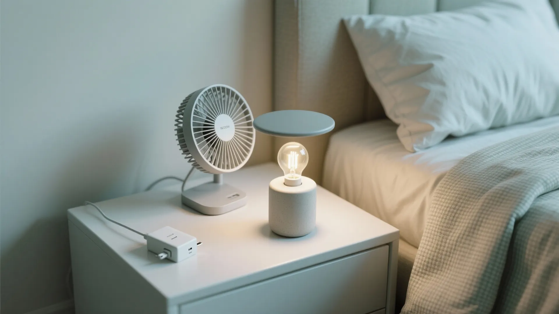 White bedside table holding a small fan minimalist light fixture and a white power adapter