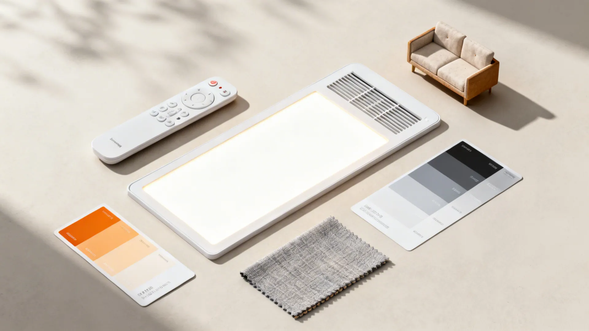 Flatlay of an integrated LED fan component, remote control, and color temperature swatches.