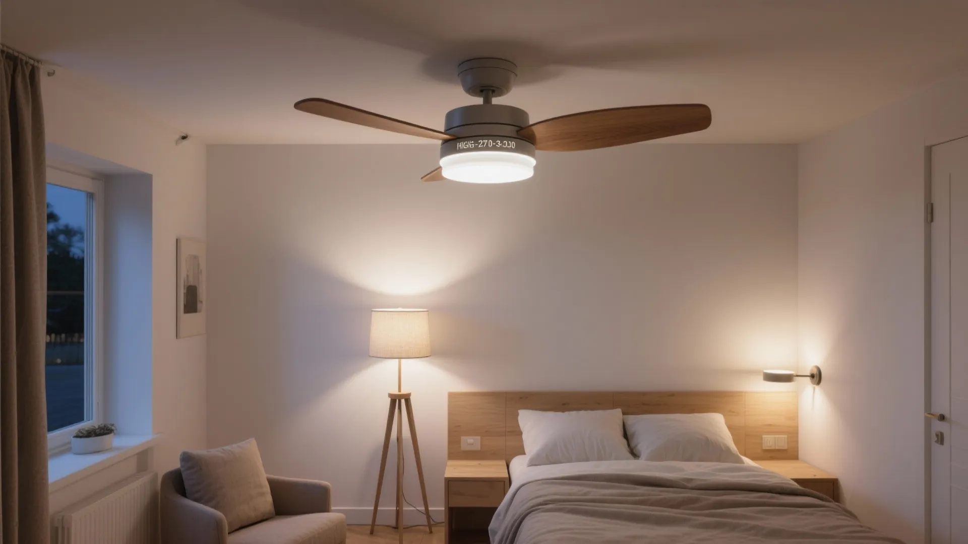 Modern bedroom with wooden ceiling fan light floor lamp bed cozy armchair and side window