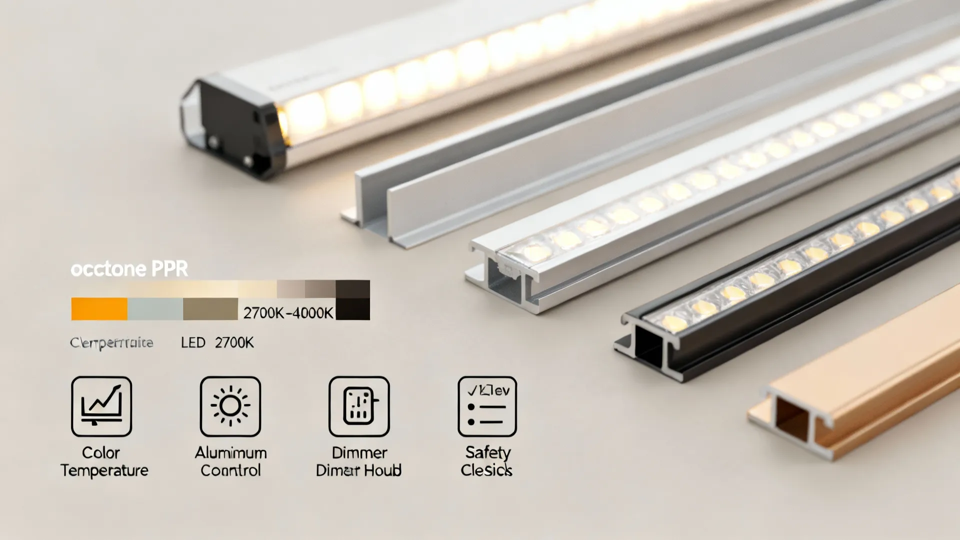 Composite of LED color swatches, channel profile, dimmer and smart hub icons illustrating common LED FAQs.