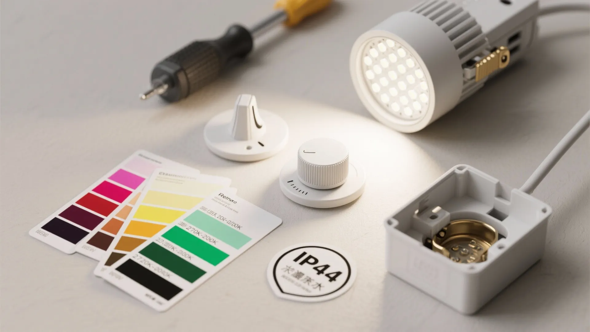 Flatlay of LED fixture parts, dimmer knob, color temperature swatches, and retrofit box for FAQ illustration.