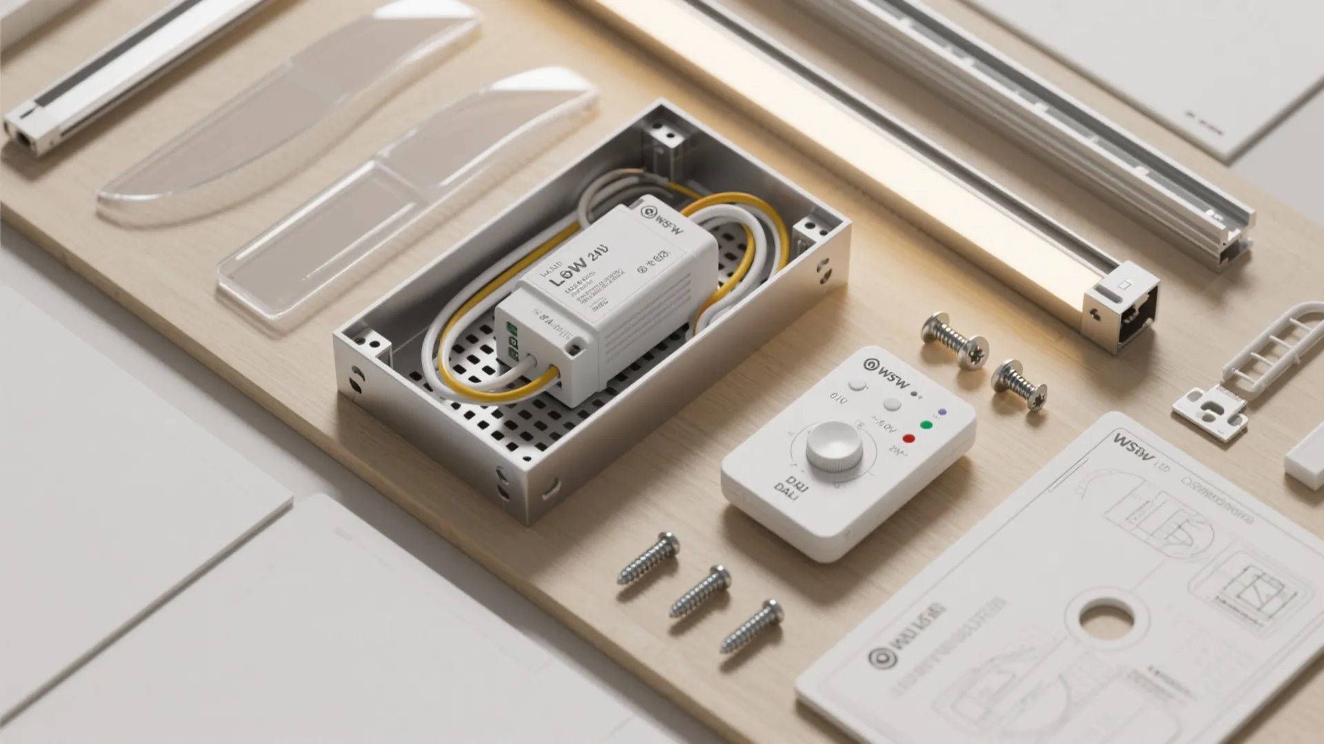 LED light fixture parts including power driver box, small controller, screws, and metal light strips