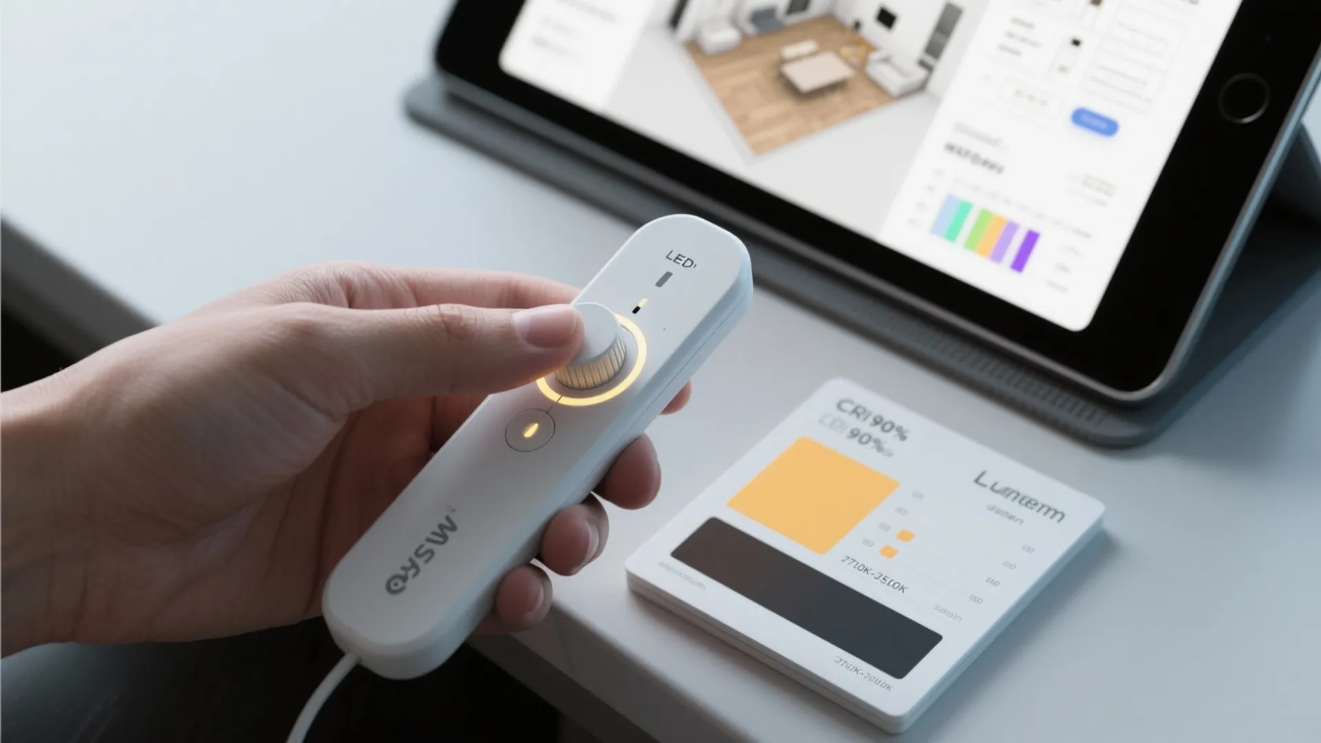 Hand holding a white remote control near a tablet showing interior design light color temperature options