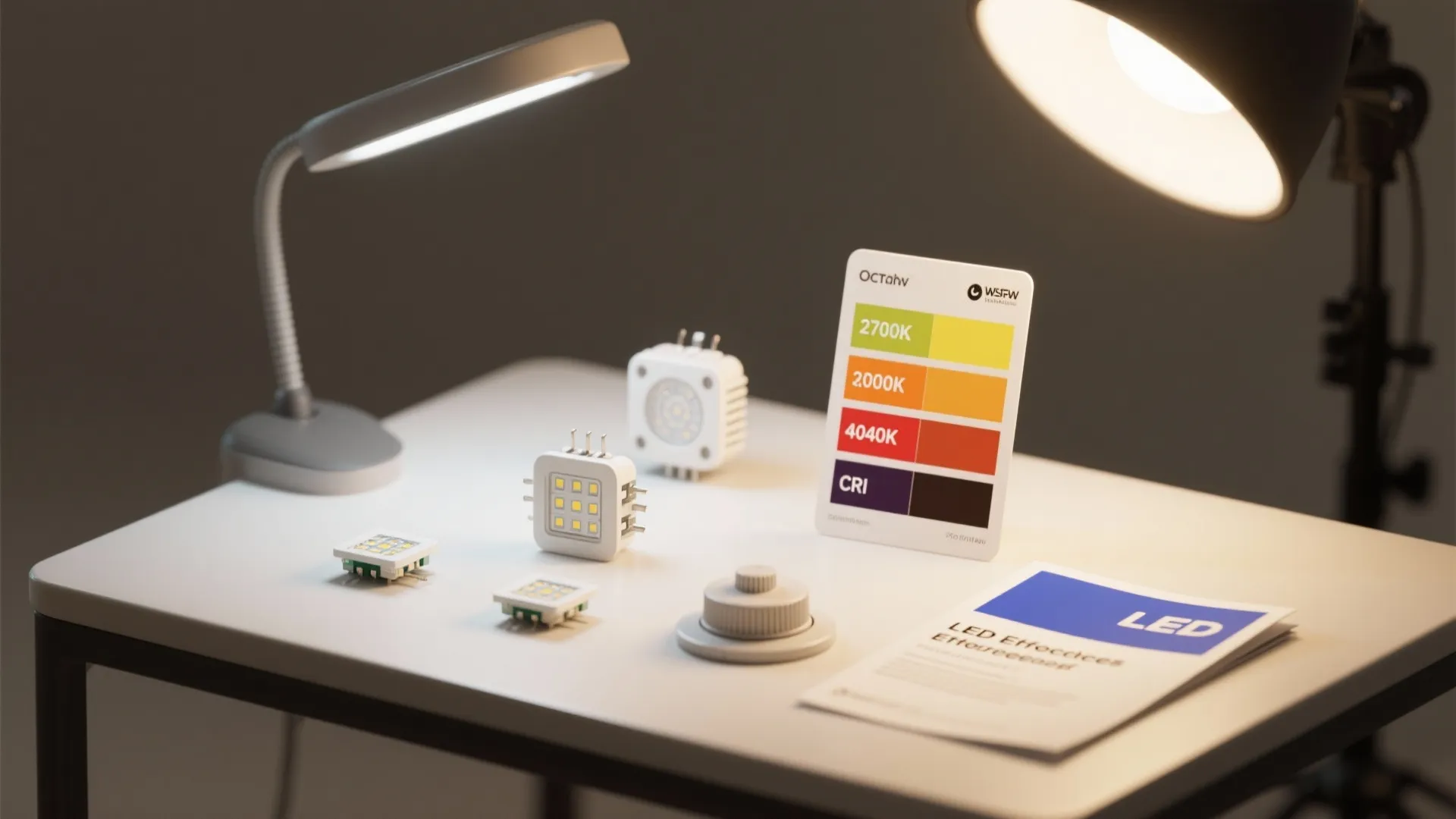 LED modules with color temperature swatches and CRI card illustrating lighting choices.