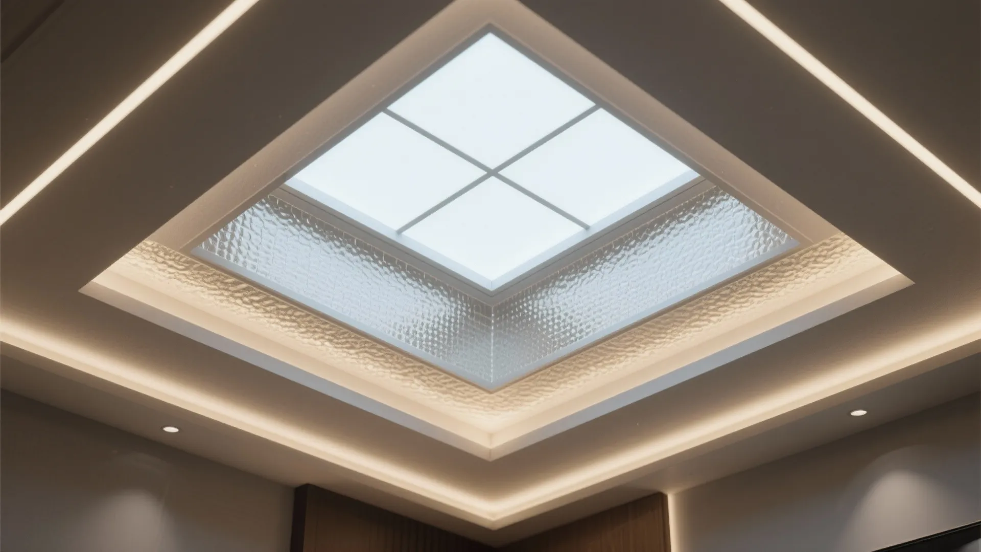 Top-down detail of a backlit LED daylight panel faux skylight with textured diffuser and recessed lighting.
