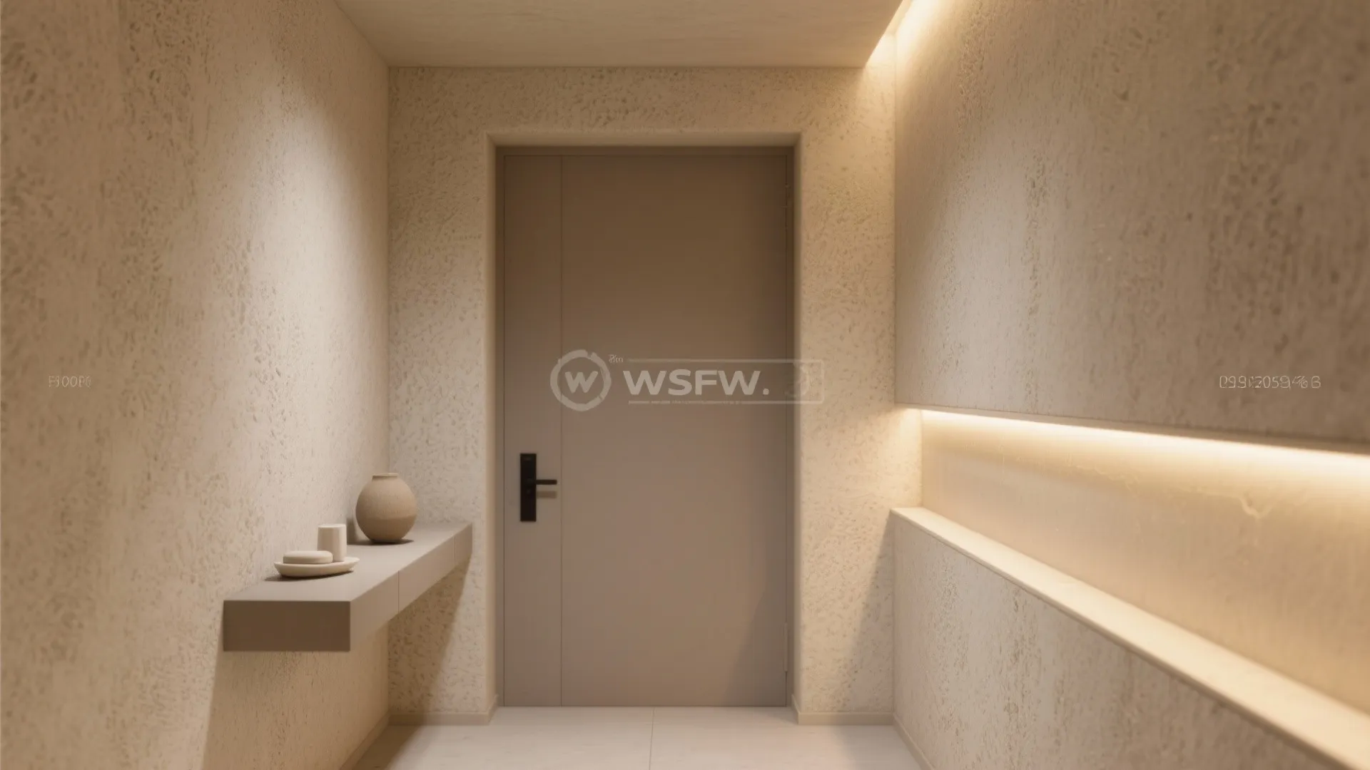 Modern hallway with brown door textured walls hidden light strip and small shelf with decor