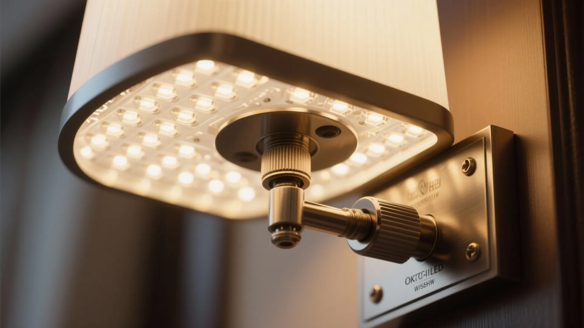 Close-up of a hotel-grade LED fixture showing high-CRI LEDs and accessible lamp holder for easy maintenance.