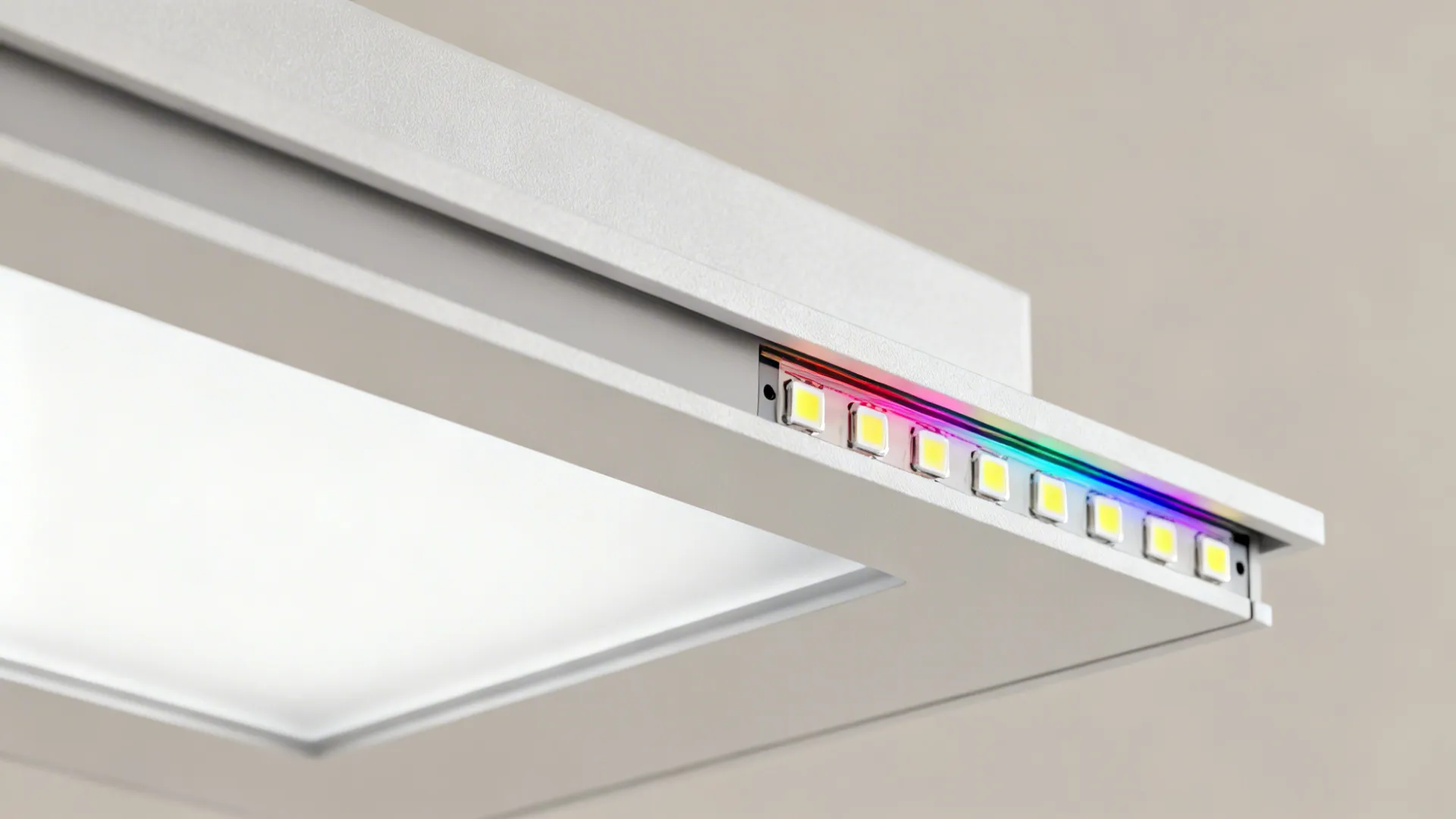 Macro view of LED fixture diffusers, a flush panel edge, and an RGBW strip segment highlighting glare control.