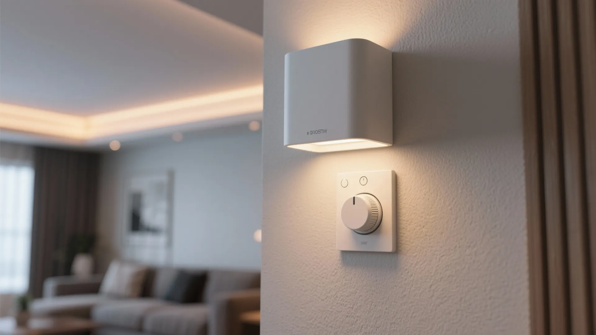 Close up of a white wall light and dimmer switch in a modern living room