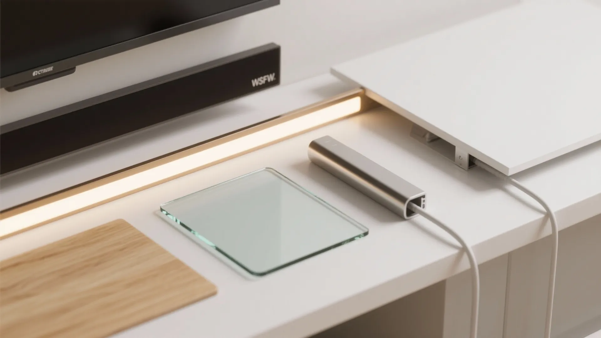 Interior design drawing of modern light fixture accessories placed on white table with warm lighting