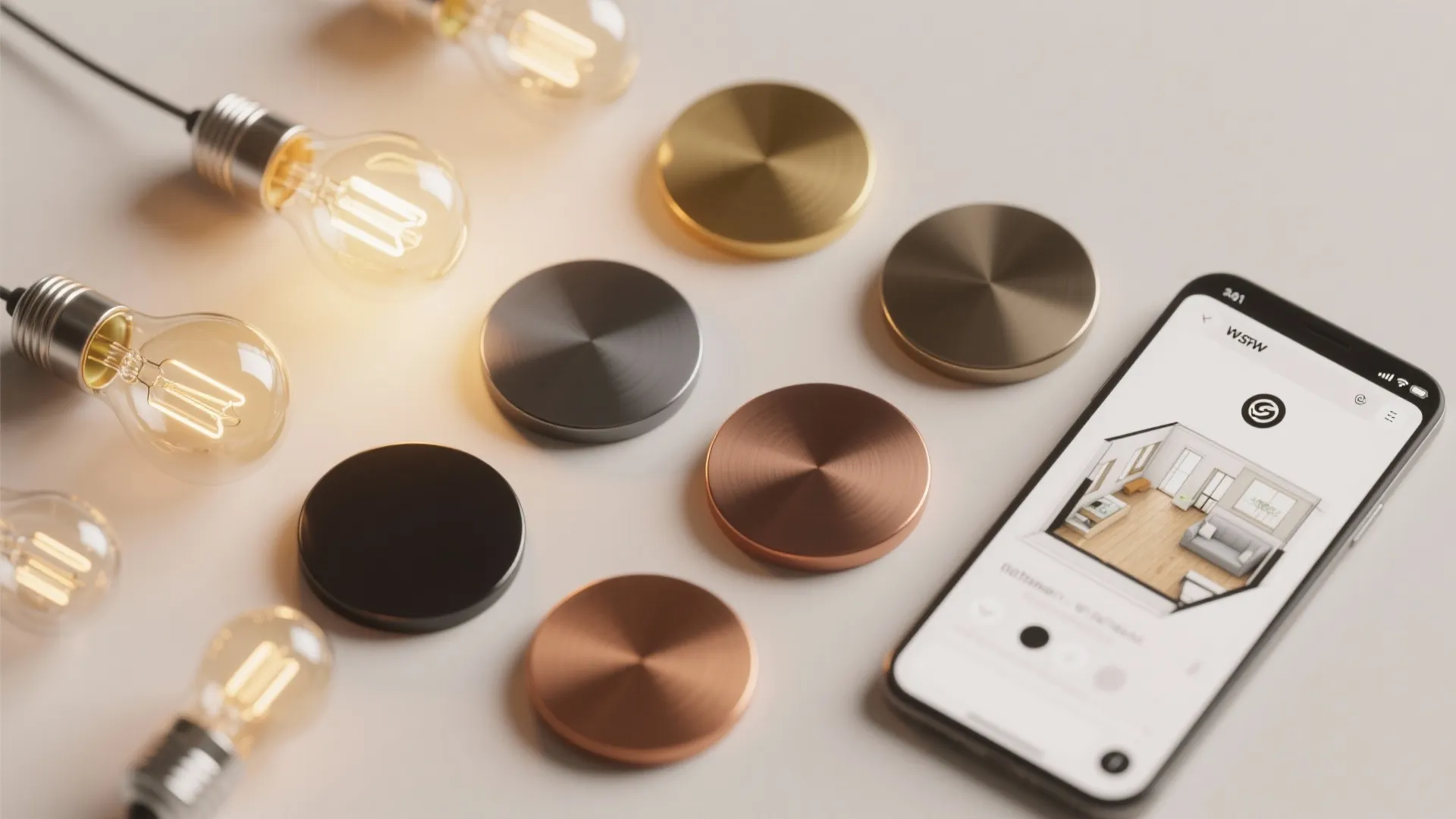 Flatlay of warm LED filament bulbs, finish samples and a 3D planner screenshot for scale planning