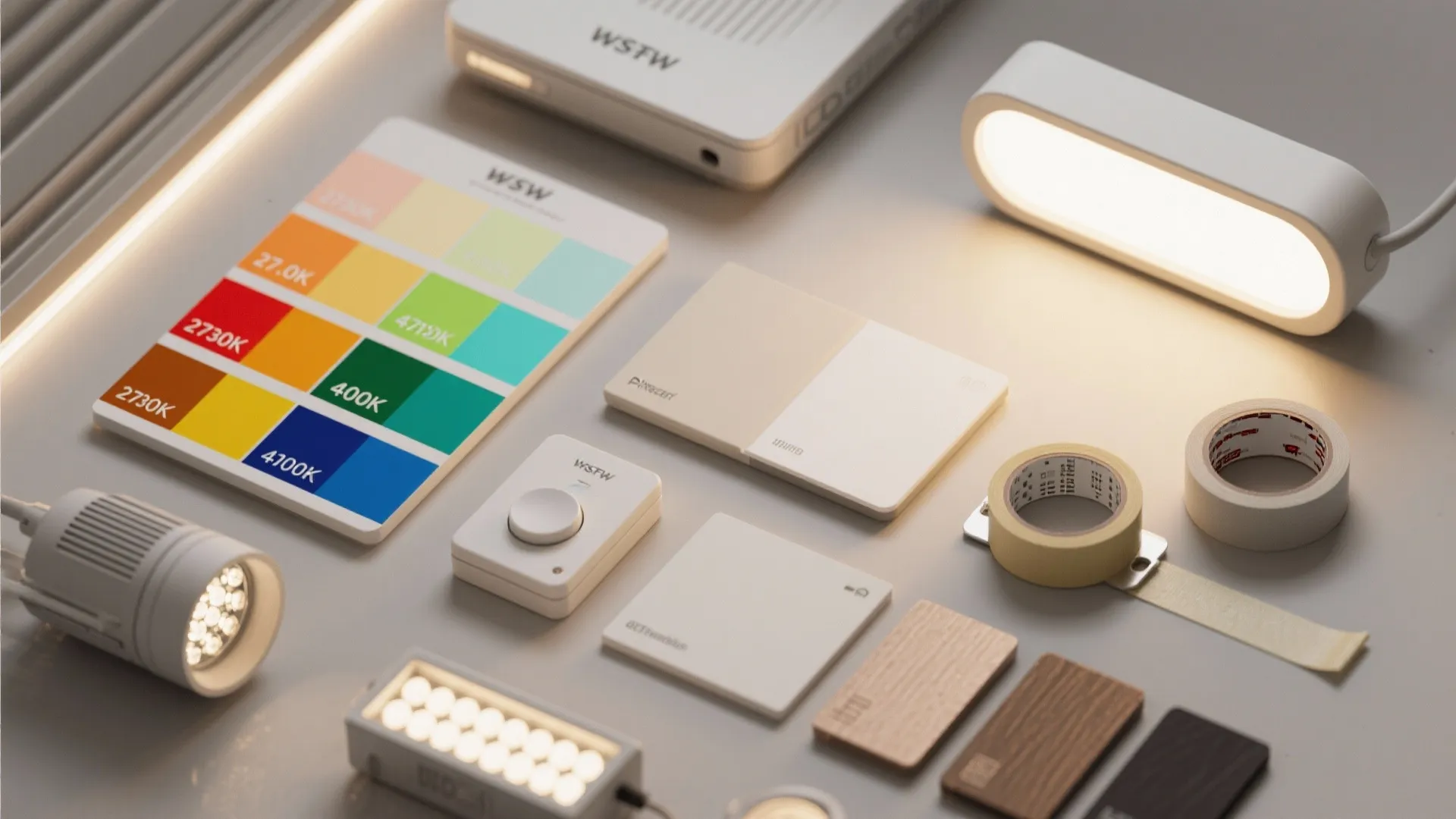 Flatlay of LED color temperature swatches, IP-rated fixture samples, dimmer and mounting tools.