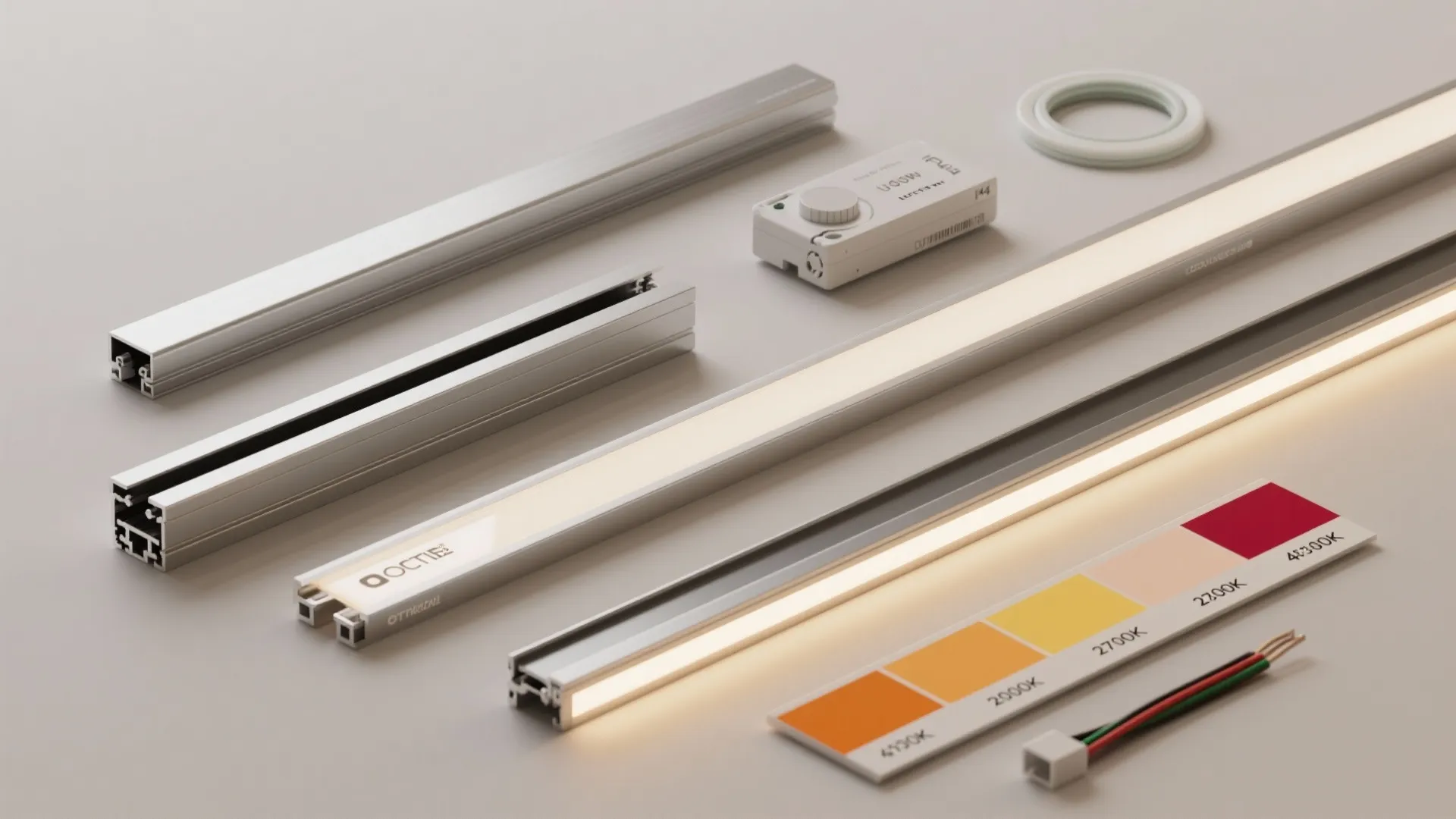 Top-down flatlay of LED strip components, diffusers, dimmer and color temperature swatches