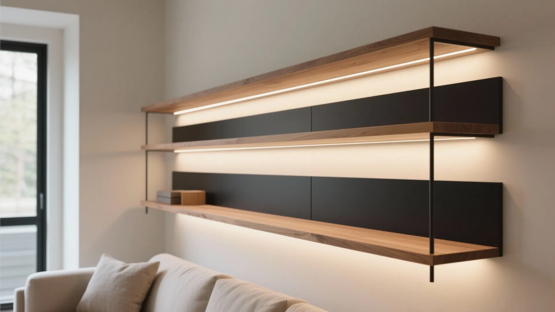 Minimalist floating oak shelves with concealed LED lighting and diffuser, styled on a modern living room feature wall.