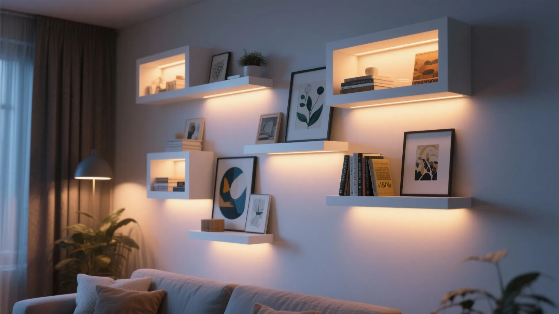 Floating box shelves with integrated warm LED lighting in a modern living room