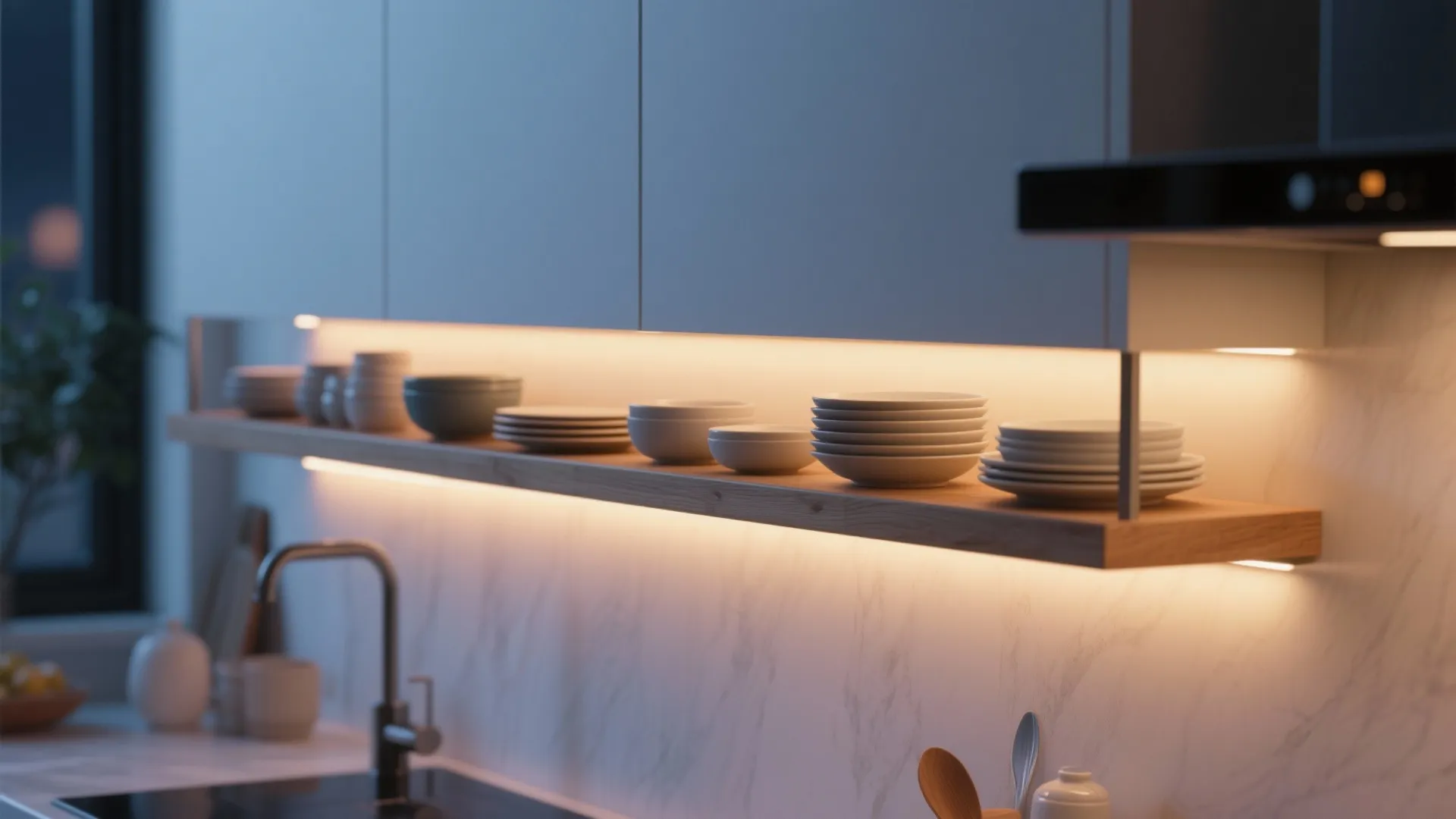 2. Floating Shelves with LED Strips