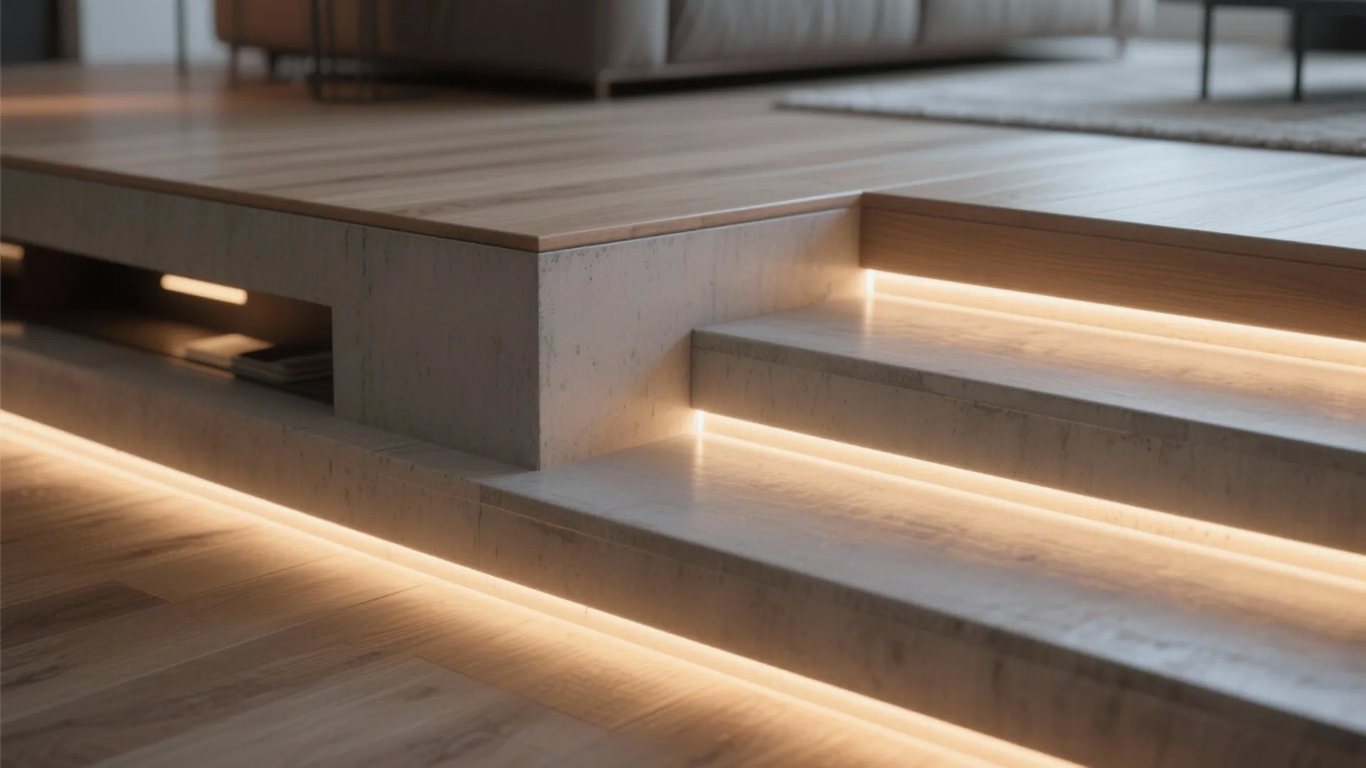 Modern interior stairs with warm light fixture strips under each step and light brown wooden flooring