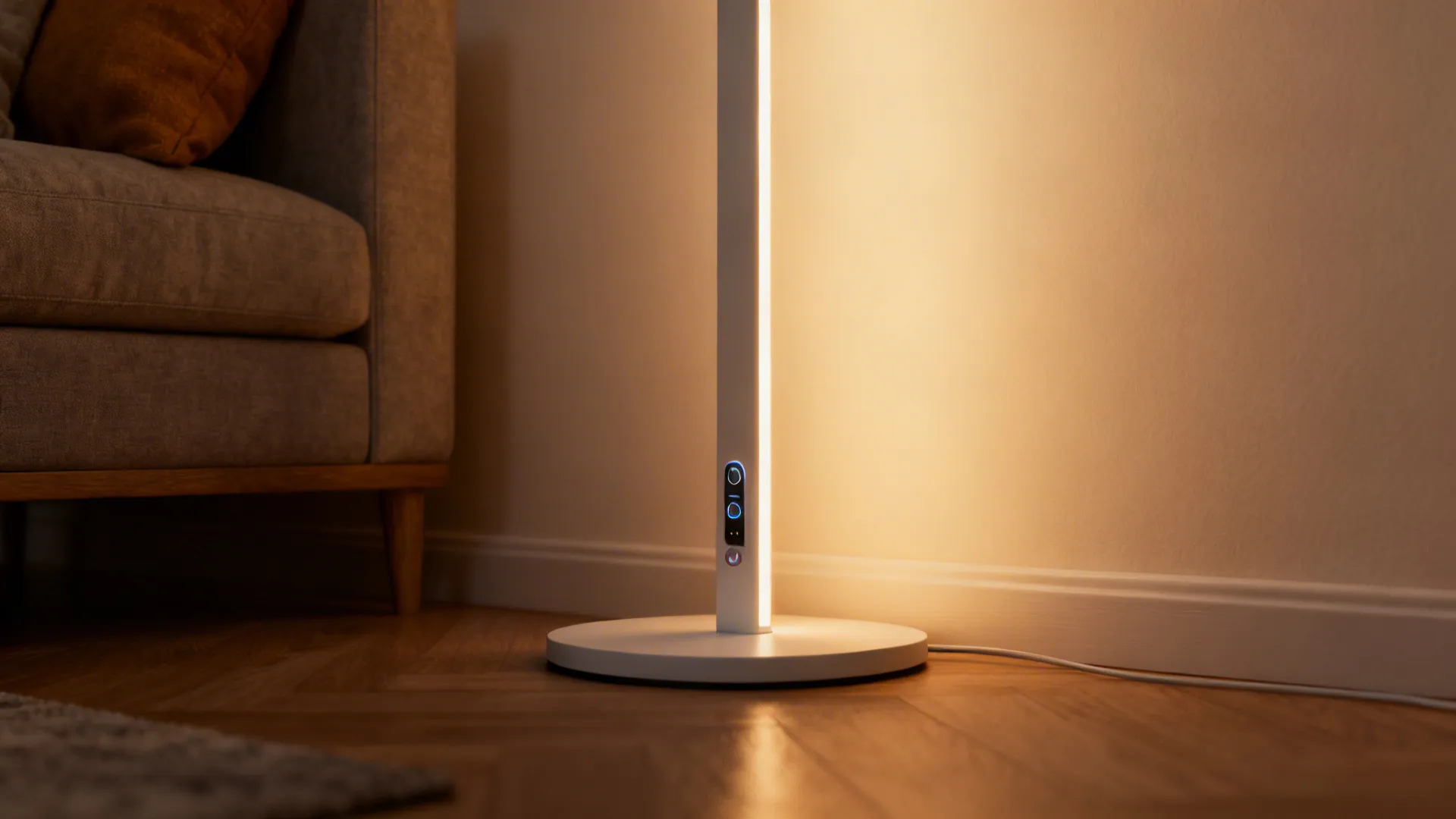 Slim LED floor lamp with dimming and warm-dim color control in a cozy corner.