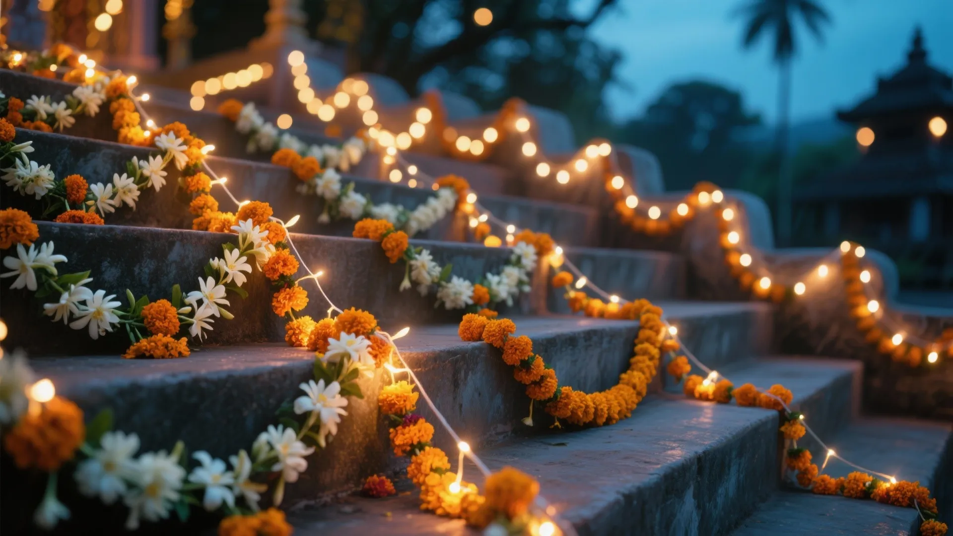 LED string lights intertwined with flowers